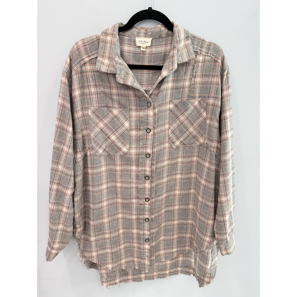 143 Story by Line Up Plaid Flannel Shirt Large Cotton Raw Frayed Hem Grunge